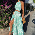 Two Piece Halter Floral Dress Cyan / S