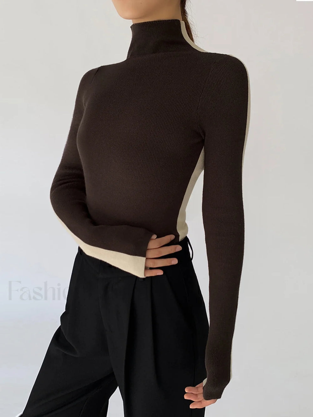 Two Tone Double Sided Long Sleeve Knit Top Dark Brown / XS Knit Tops