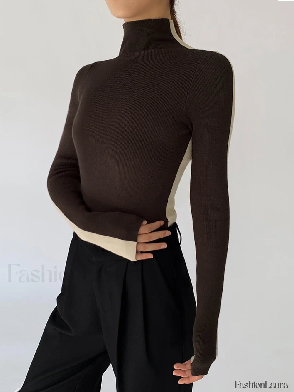 Two Tone Double Sided Long Sleeve Knit Top Dark Brown / XS Knit Tops