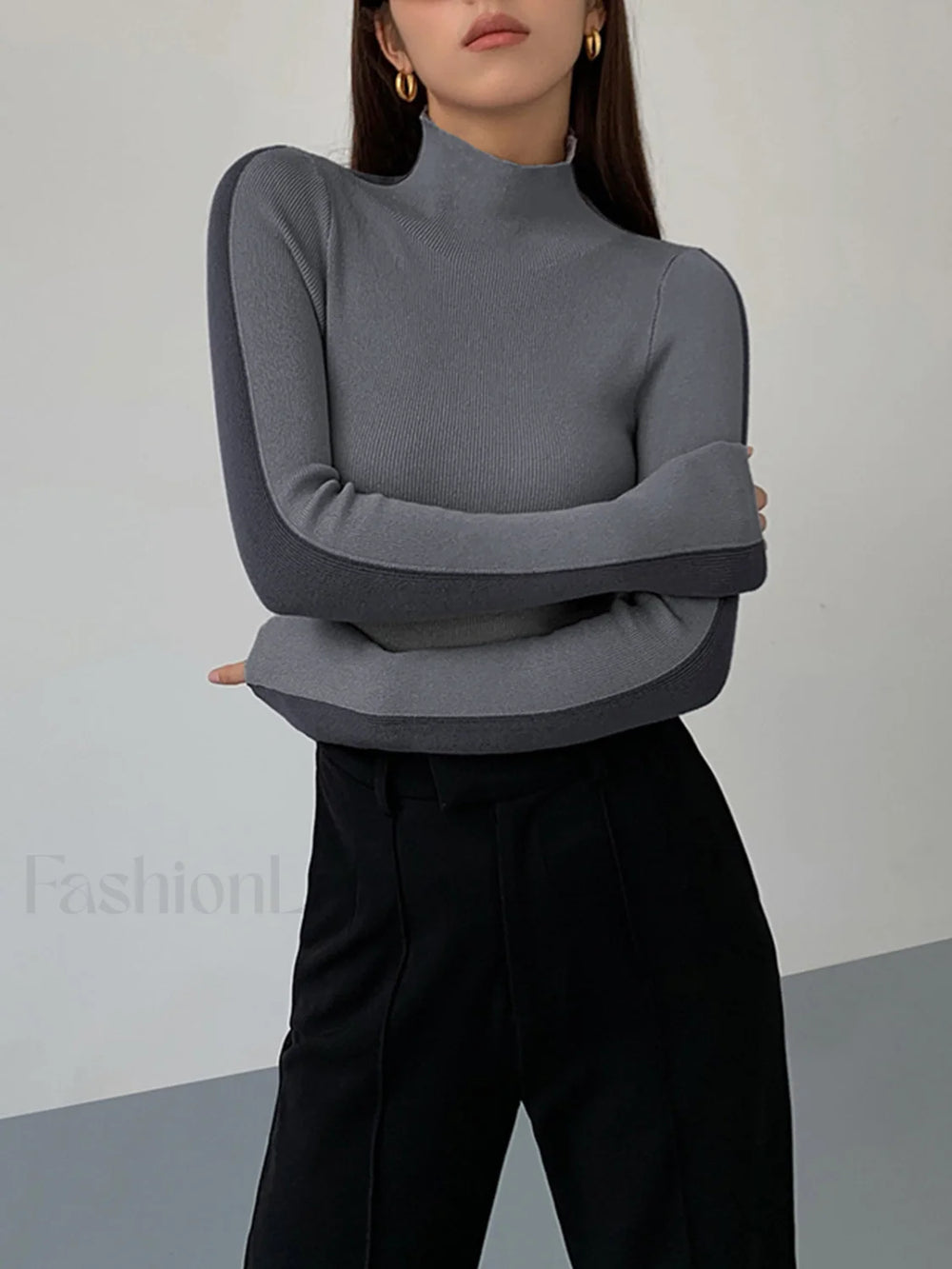 Two Tone Double Sided Long Sleeve Knit Top Grey / XS Knit Tops