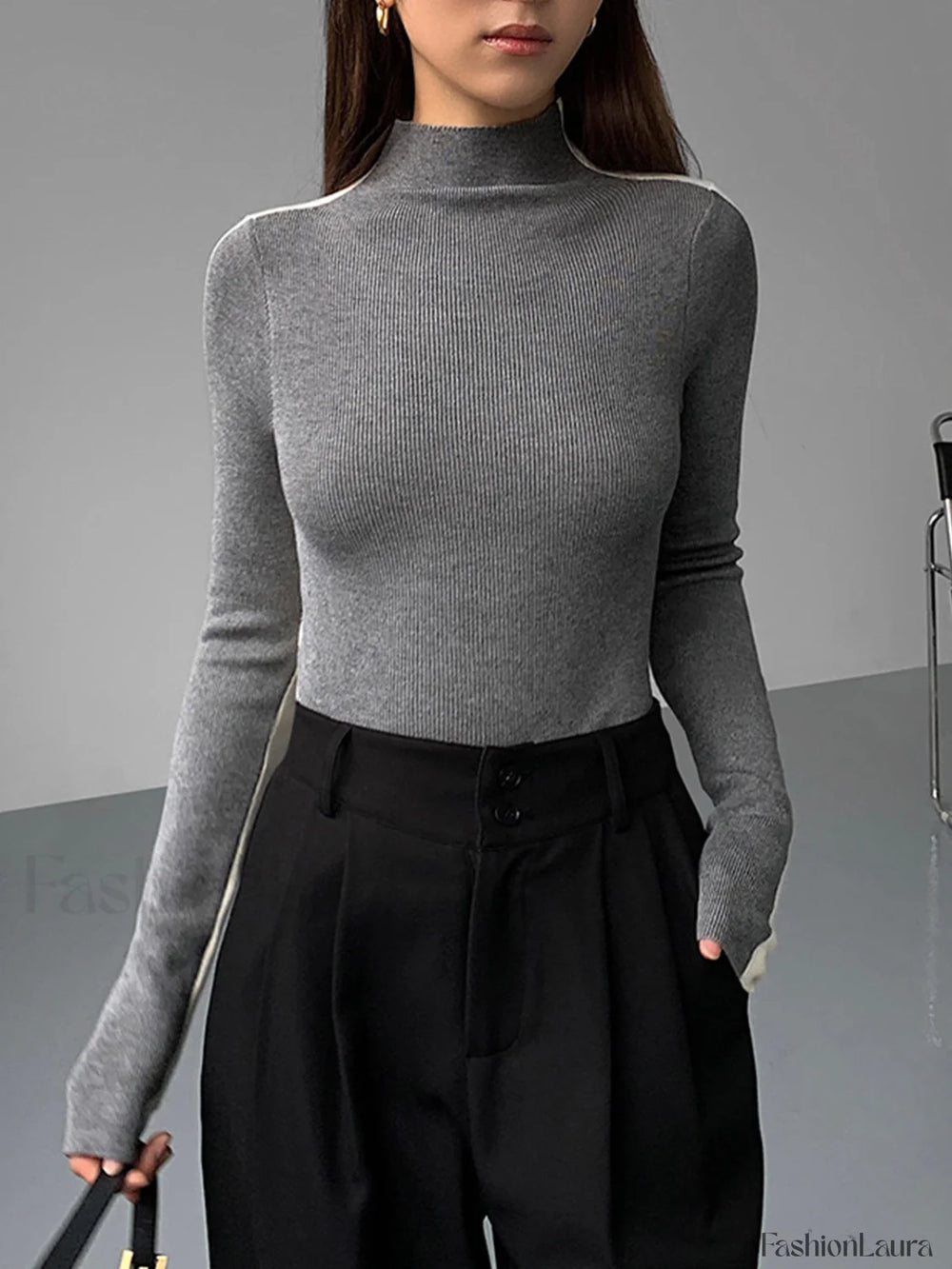 Two Tone Double Sided Long Sleeve Knit Top Light Grey / XS Knit Tops