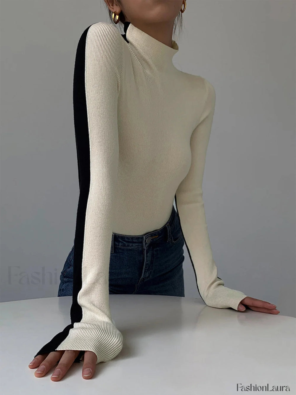 Two Tone Double Sided Long Sleeve Knit Top Knit Tops