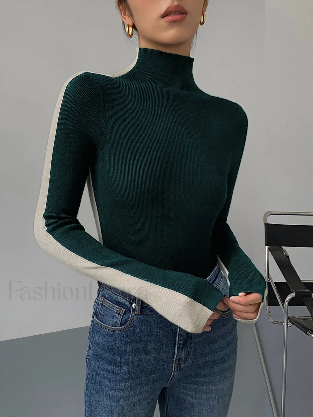Two Tone Double Sided Modern Long Sleeve Knit Top Dark Green / XS Sweaters L