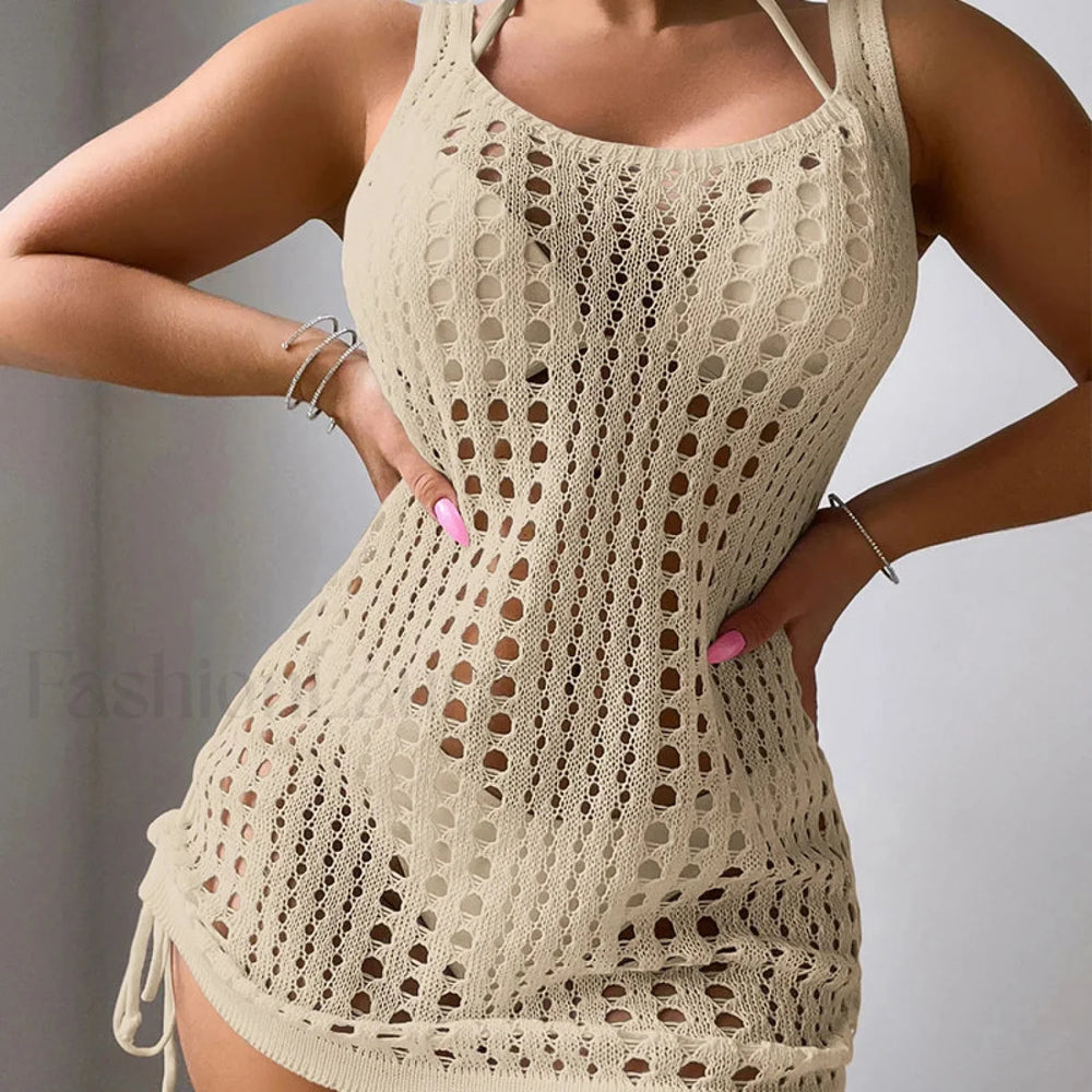 U Collar Rope Knit Bathing Cover Up APRICOT / S