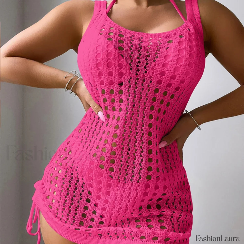 U Collar Rope Knit Bathing Cover Up Rose Red / S