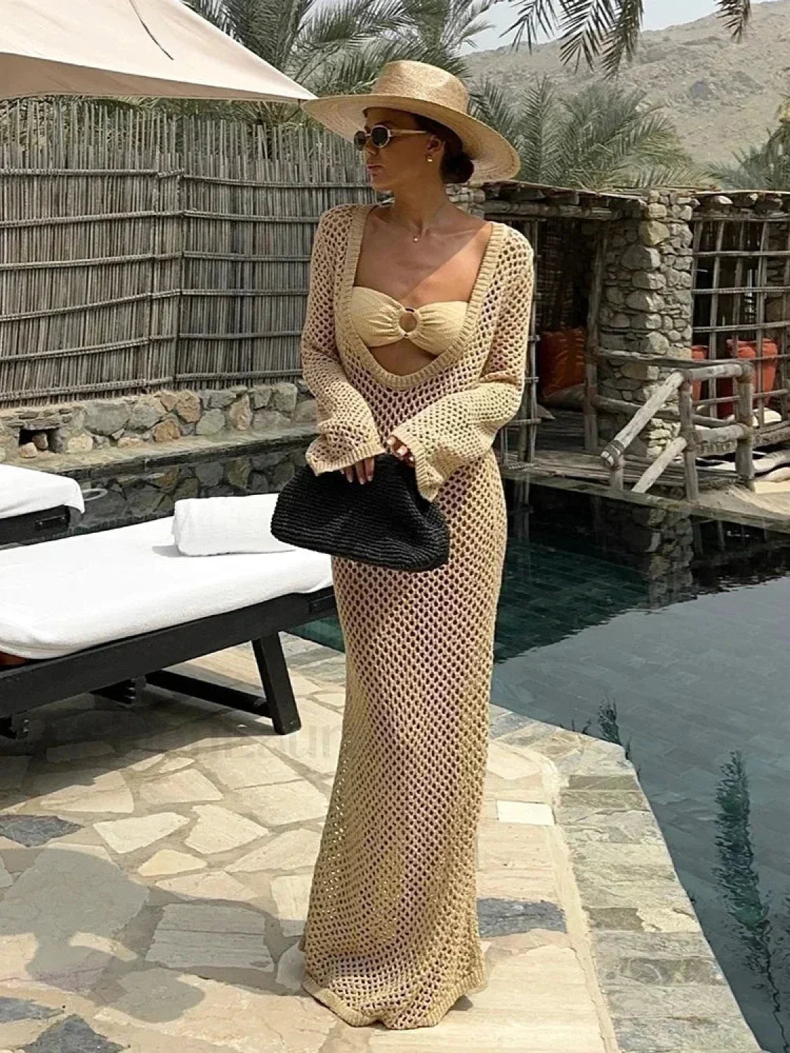 U Neck Bell Sleeve Cover Up Khaki / S