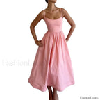 U Neck Pleated Sundress Midi Dress