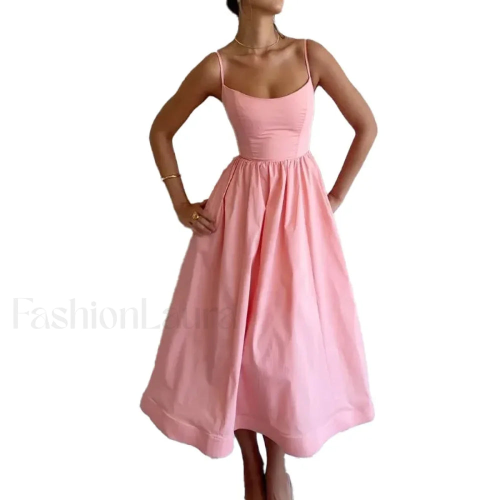 U Neck Pleated Sundress Midi Dress