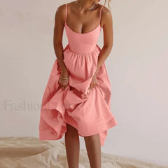 U Neck Pleated Sundress Midi Dress