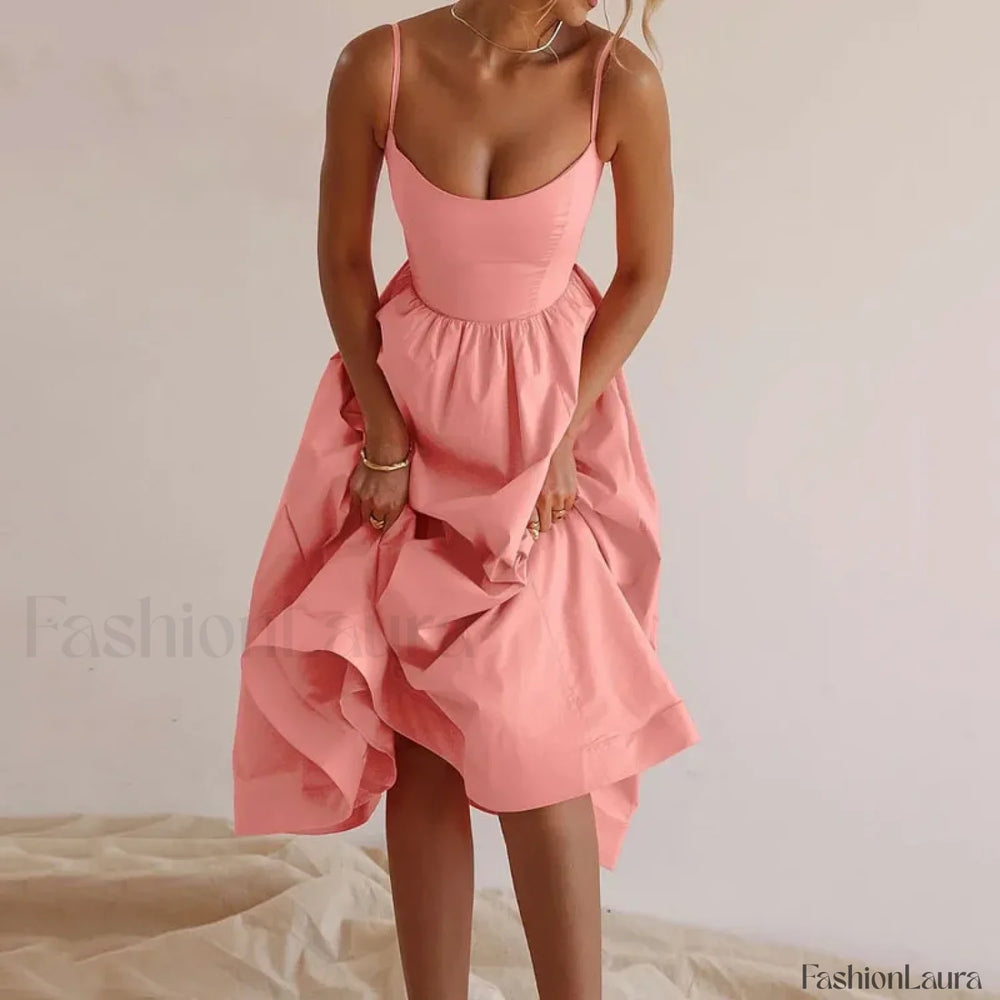U Neck Pleated Sundress Midi Dress