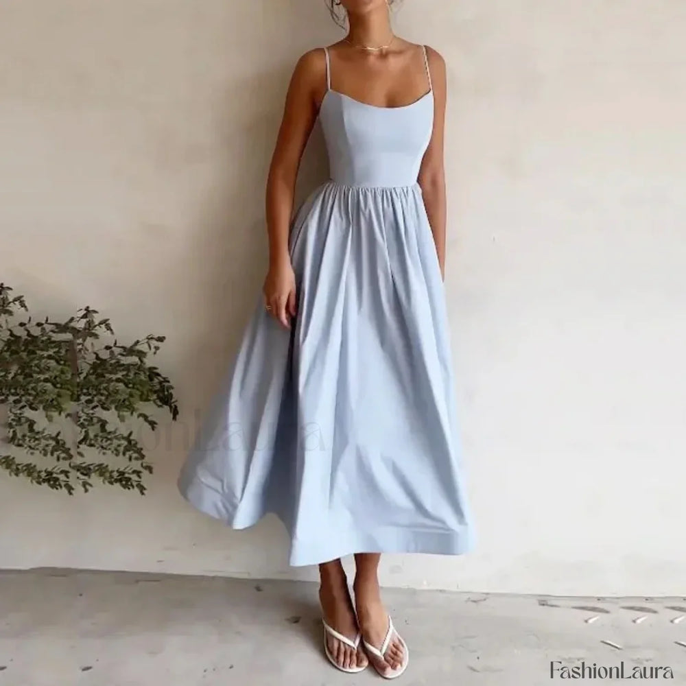 U Neck Pleated Sundress Midi Dress Blue / S