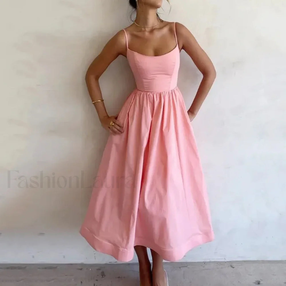 U Neck Pleated Sundress Midi Dress Pink / S
