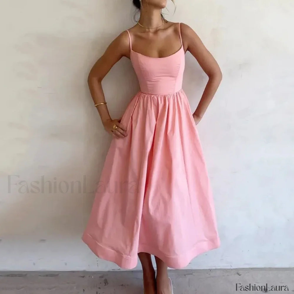 U Neck Pleated Sundress Midi Dress Pink / S