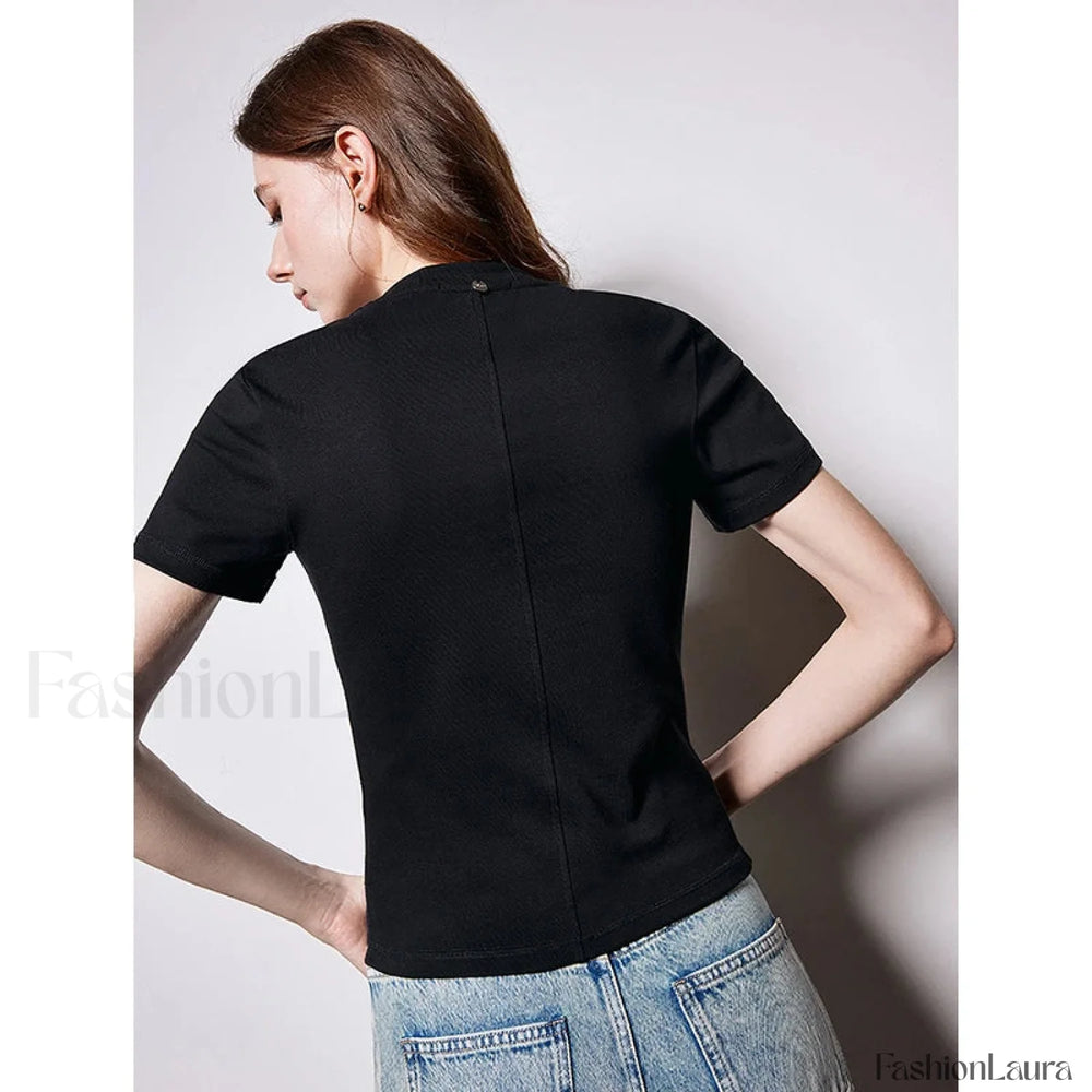 U neck Slim Fit Pullover Cotton T Shirt Black / S