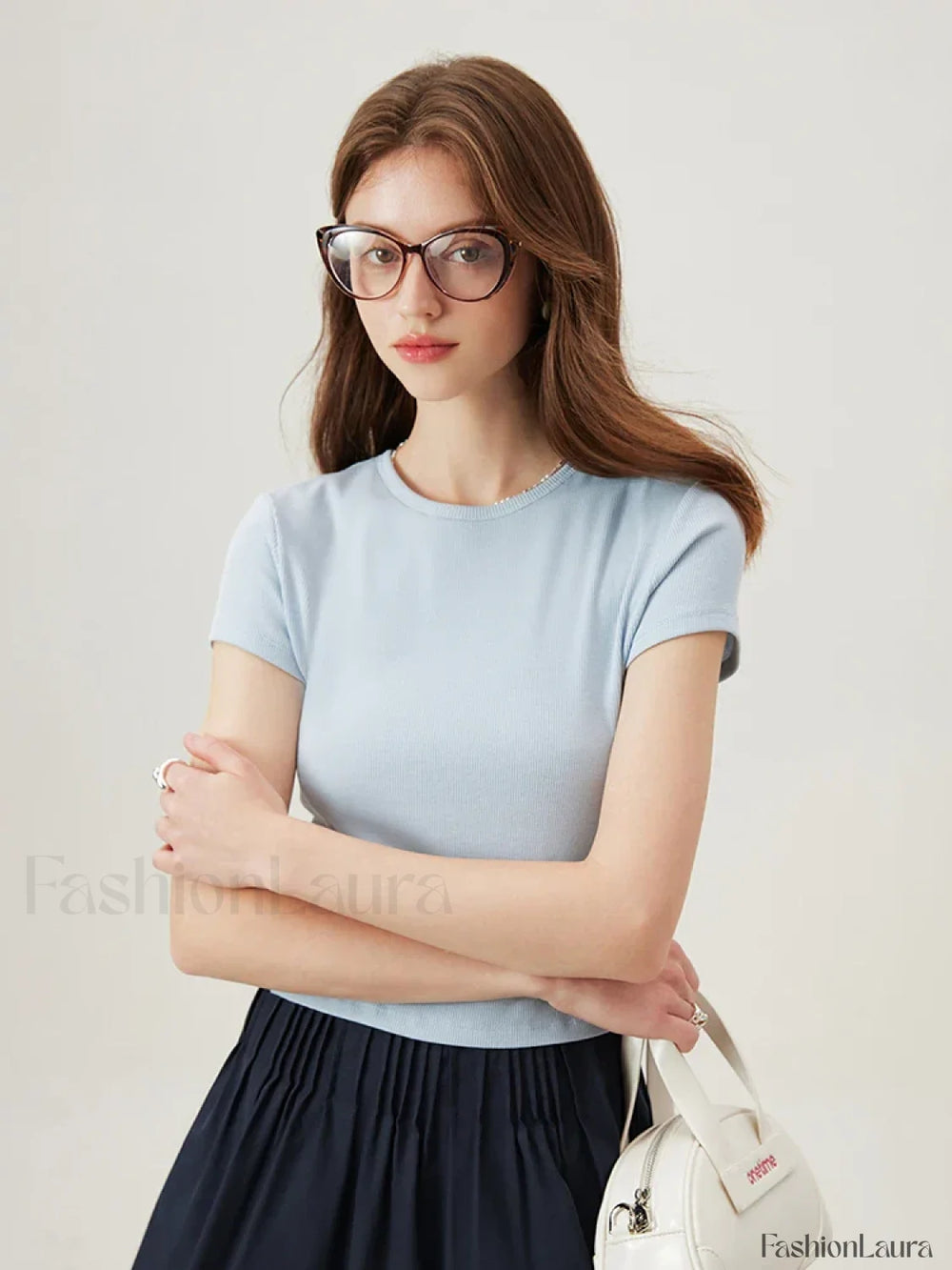 U Neck Slim Thin Knitted T Shirt Blue / XS