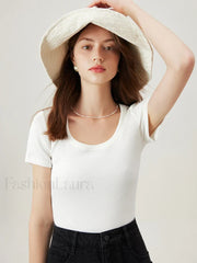 U Neck Slim Thin Knitted T Shirt White / XS
