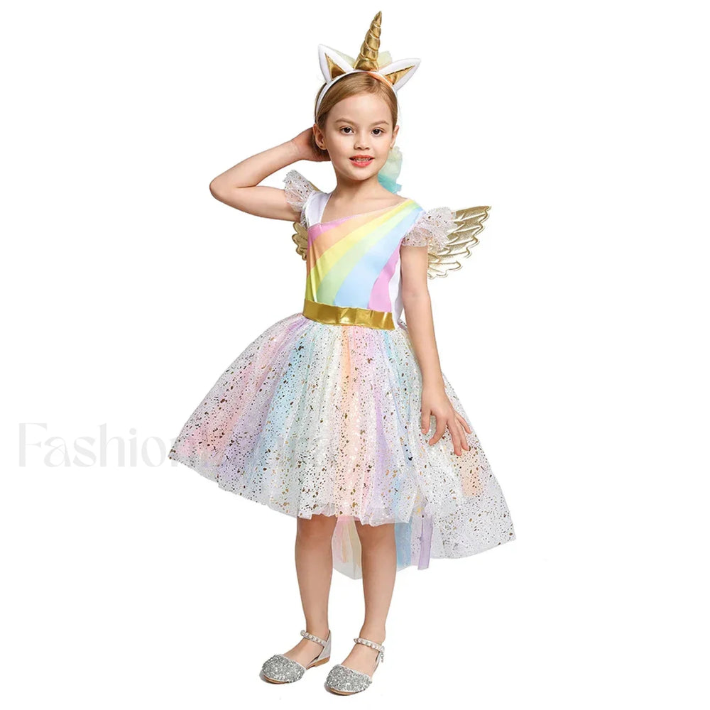 Unicorn Dance Rainbow Costume Ball Princess Girls Kid Party Birthday Dress Halloween Cosplay Costume