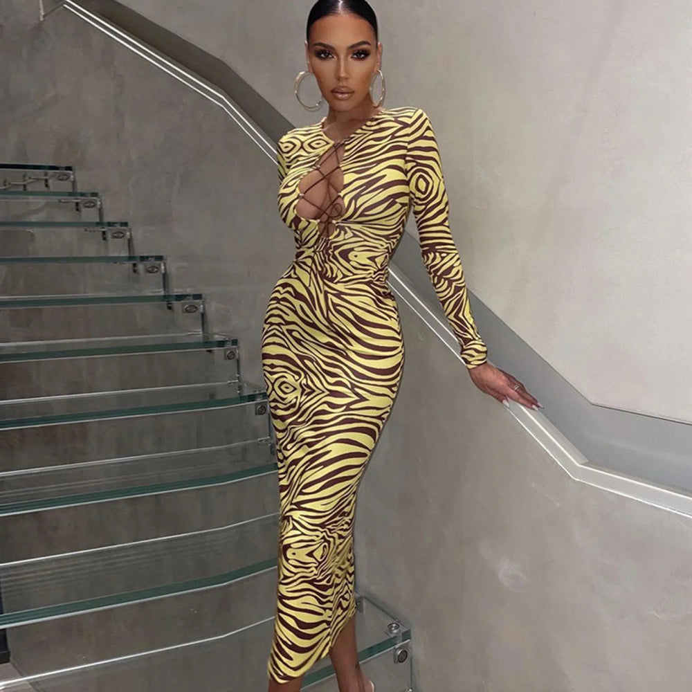 Unique Abstract Long Sleeve Tie Front Cut Out Midi Dress Yellow M / Yellow Party Dresses