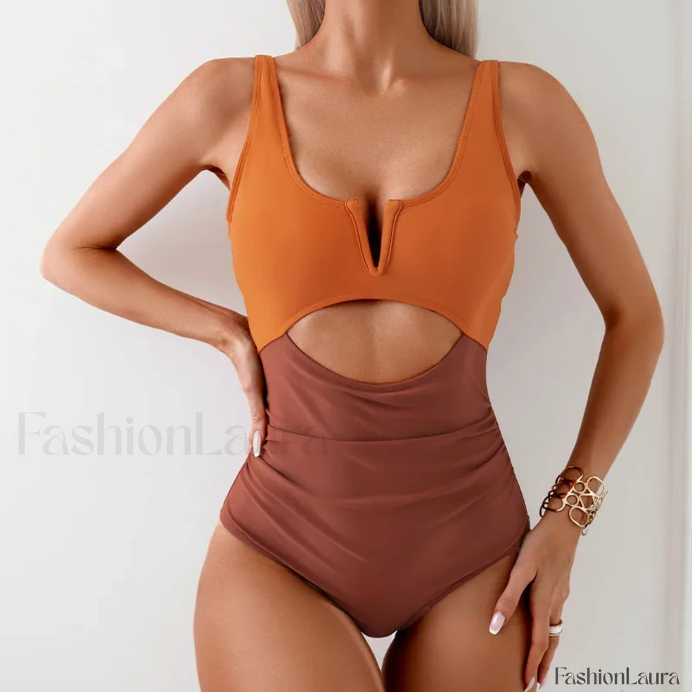 V Cut Bandeau High Leg One Piece Brown / S