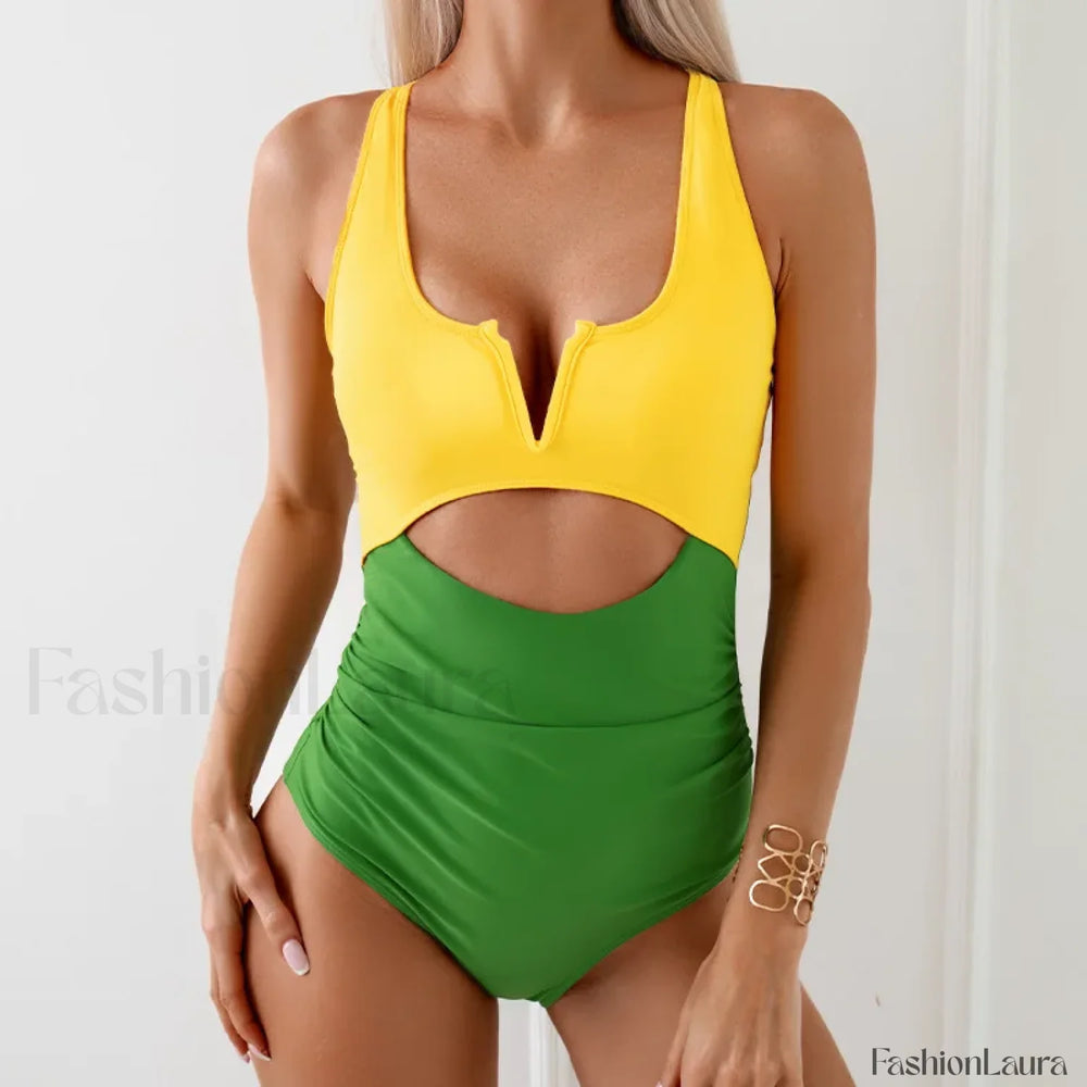 V Cut Bandeau High Leg One Piece Green / S