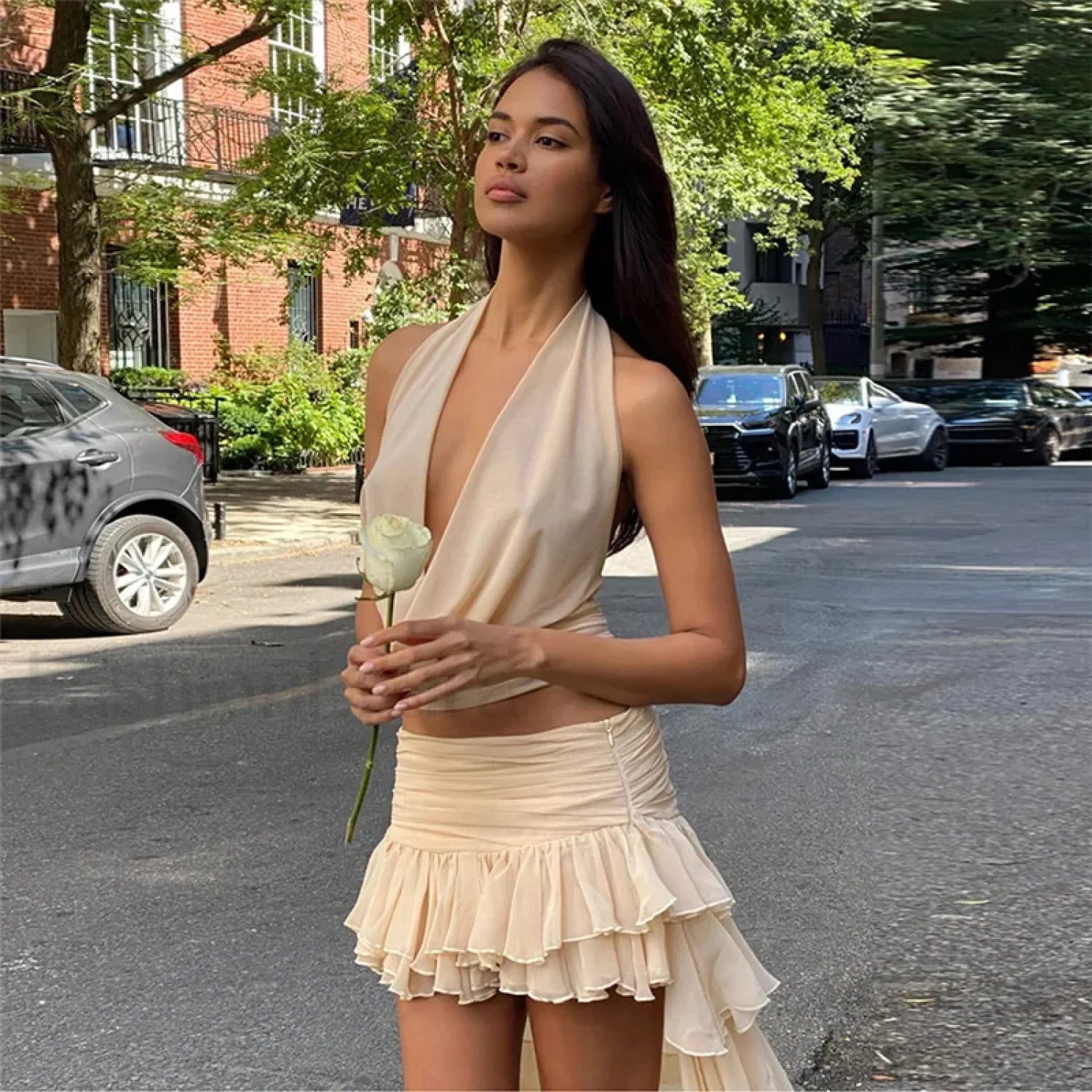 V Neck Crop Top Skirt Two Piece Set Secondary image