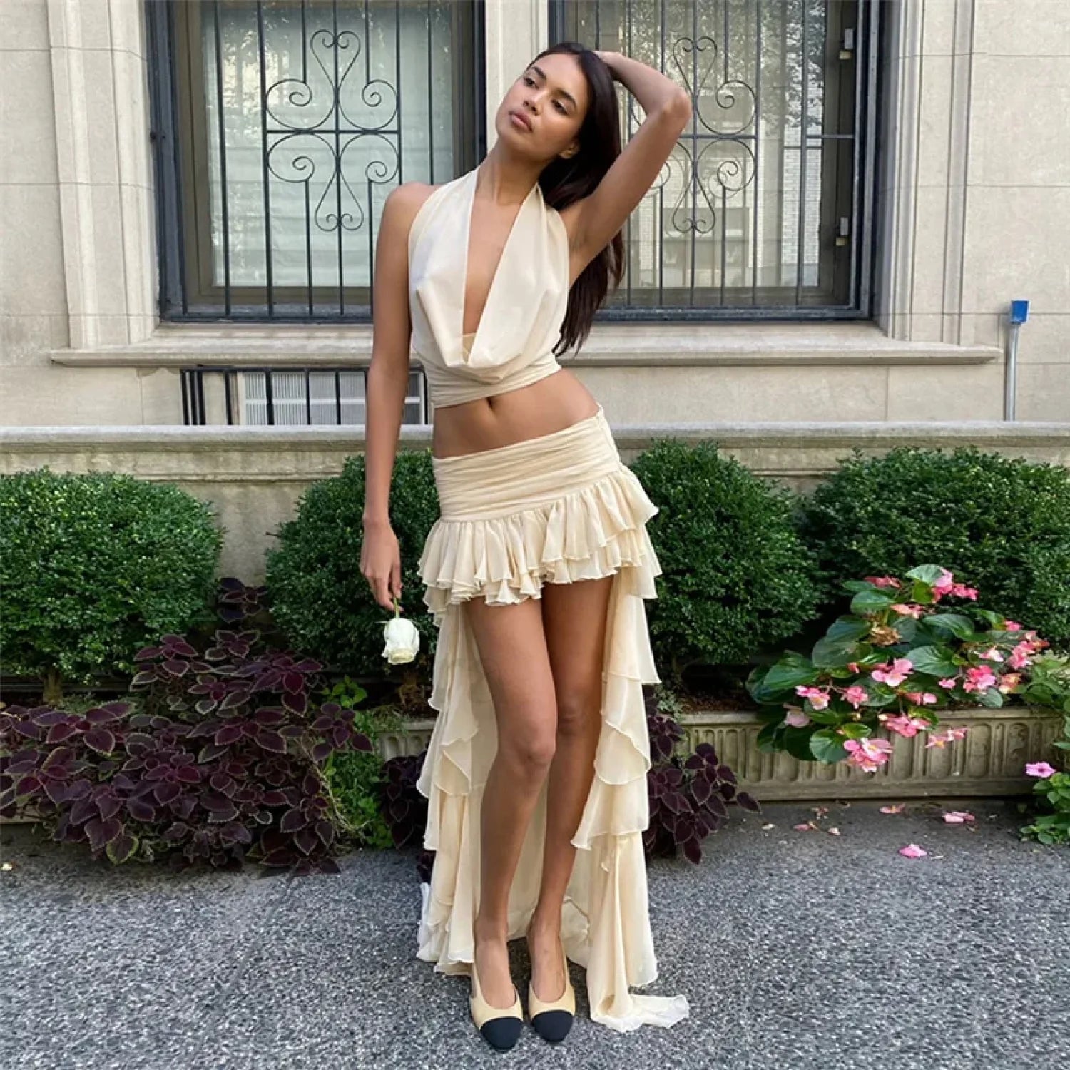 V Neck Crop Top Skirt Two Piece Set APRICOT / S Main image