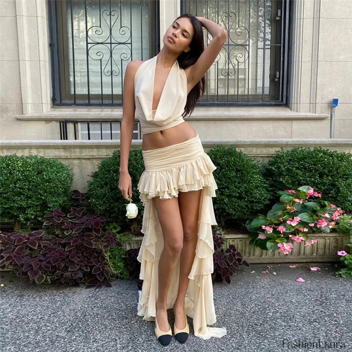 V Neck Crop Top Skirt Two Piece Set APRICOT / S