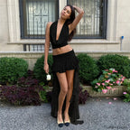 V Neck Crop Top Skirt Two Piece Set Black / S