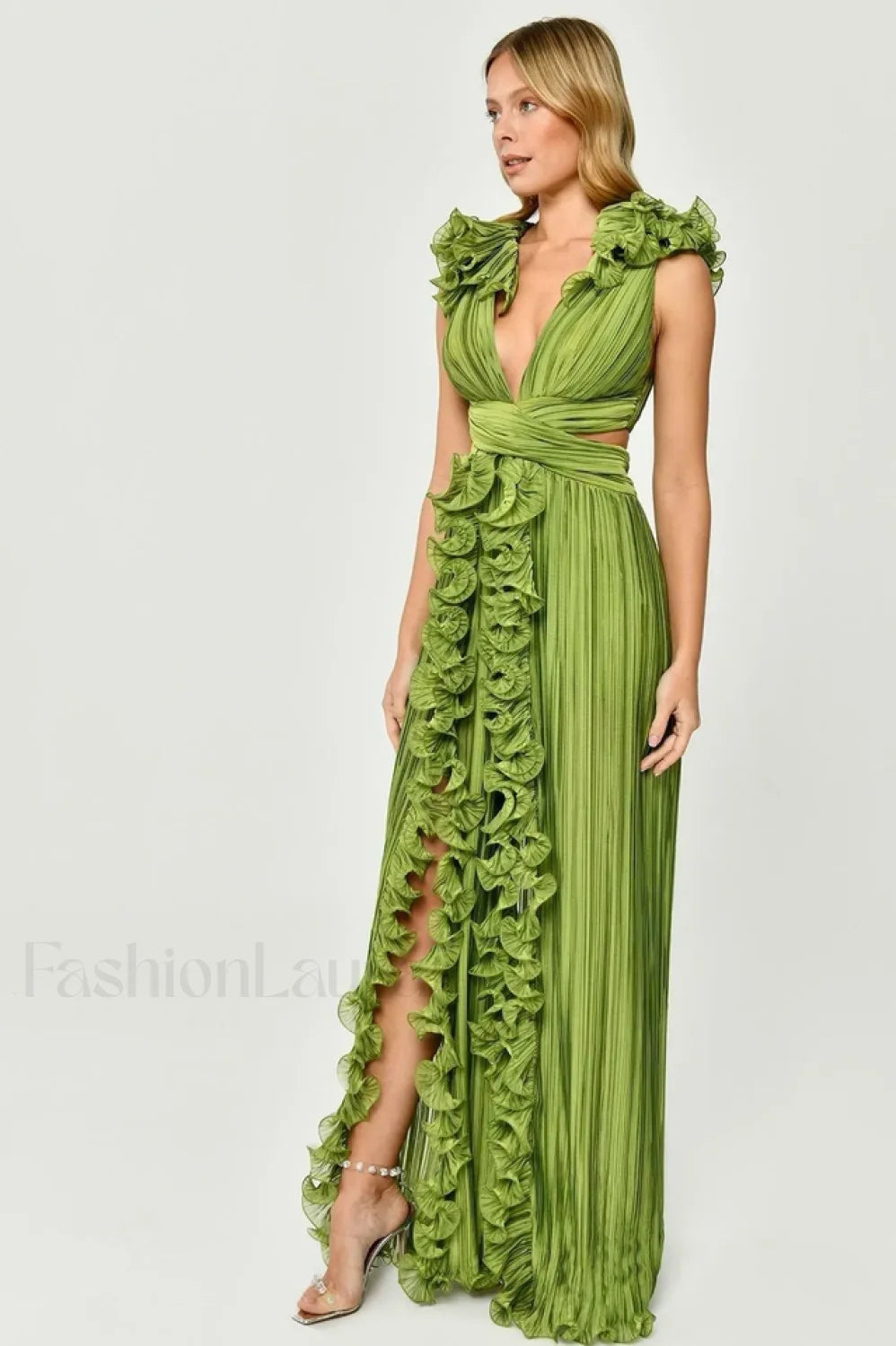 V-Neck Cut-Out Pleated Charming Split Maxi Dress Secondary image