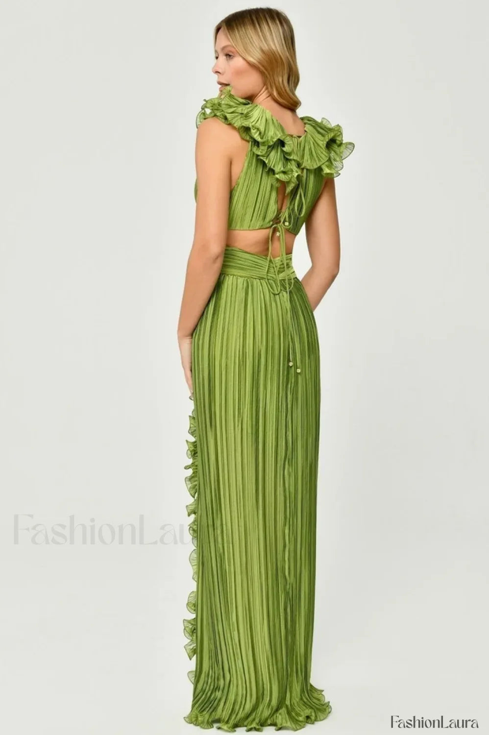 V Neck Cut Out Pleated Charming Split Maxi Dress