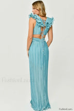 V Neck Cut Out Pleated Charming Split Maxi Dress