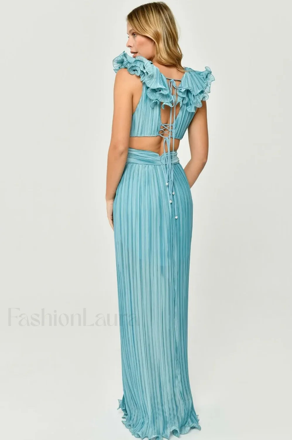 V Neck Cut Out Pleated Charming Split Maxi Dress