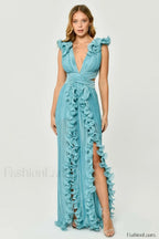 V Neck Cut Out Pleated Charming Split Maxi Dress S / Blue
