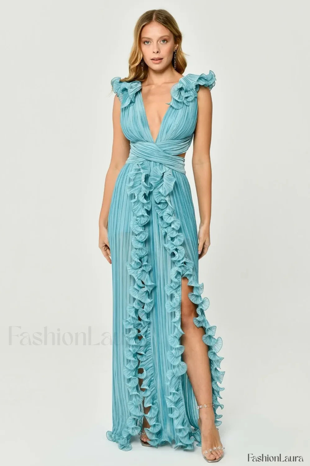 V Neck Cut Out Pleated Charming Split Maxi Dress S / Blue