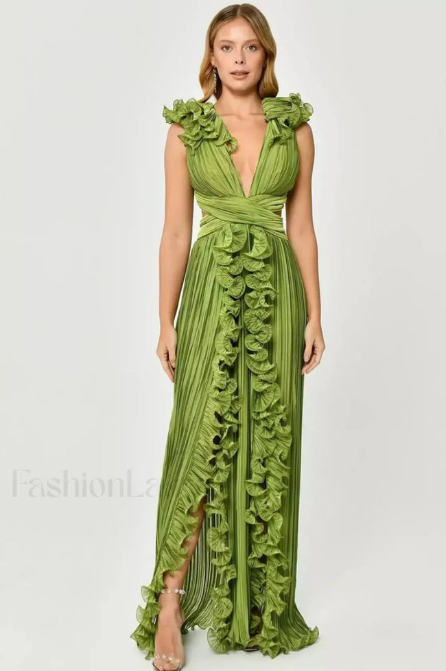 V Neck Cut Out Pleated Charming Split Maxi Dress S / Green Main image