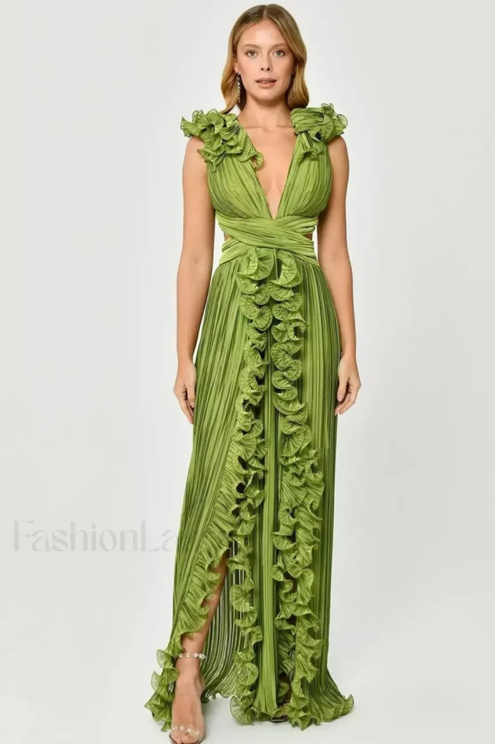 V Neck Cut Out Pleated Charming Split Maxi Dress S / Green Main image