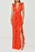 V Neck Cut Out Pleated Charming Split Maxi Dress S / Orange