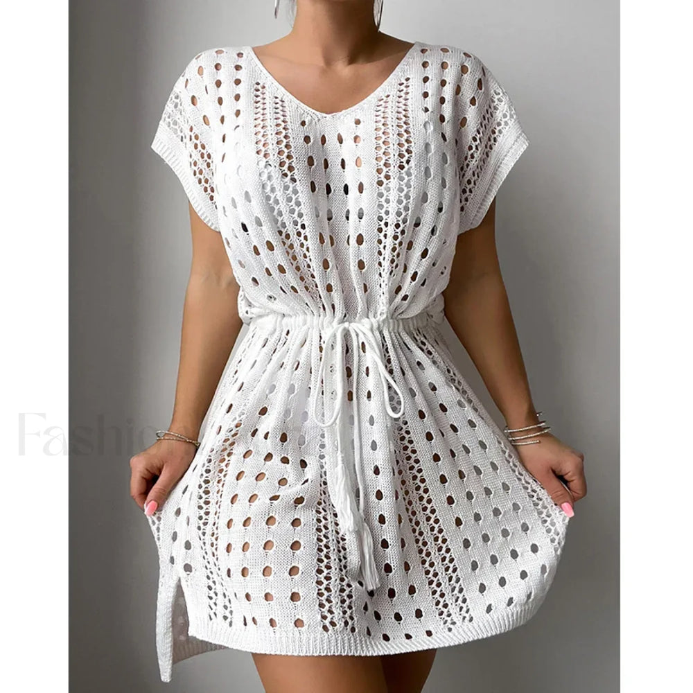 V Neck Drawstring Slit Dress Cover Up