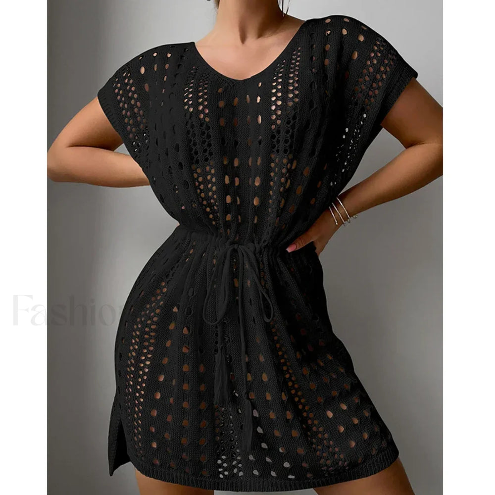 V Neck Drawstring Slit Dress Cover Up Black / One Size