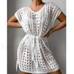 V Neck Drawstring Slit Dress Cover Up WHITE / One Size