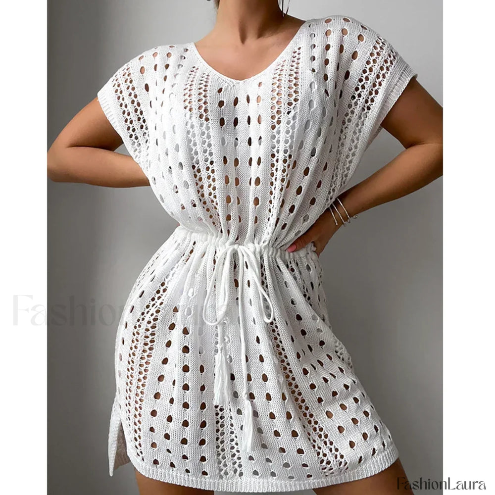 V Neck Drawstring Slit Dress Cover Up WHITE / One Size