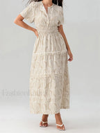 V Neck Flare Sleeve Pocket Maxi Dress Beige / S