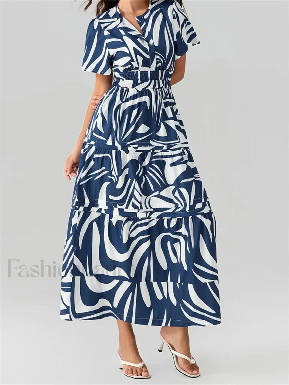 V Neck Flare Sleeve Pocket Maxi Dress Blue / S