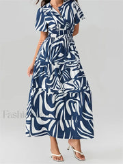V Neck Flare Sleeve Pocket Maxi Dress Blue / S