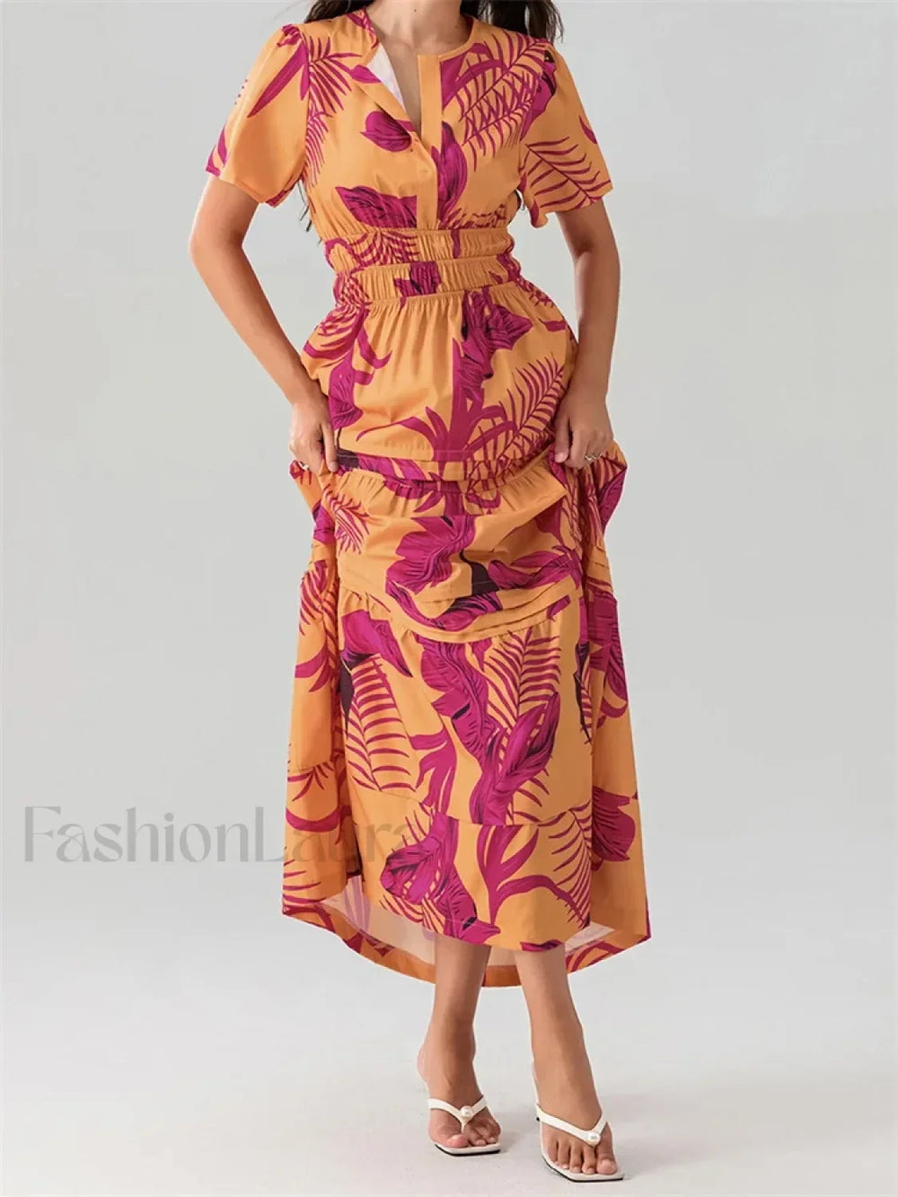 V Neck Flare Sleeve Pocket Maxi Dress Orange / S