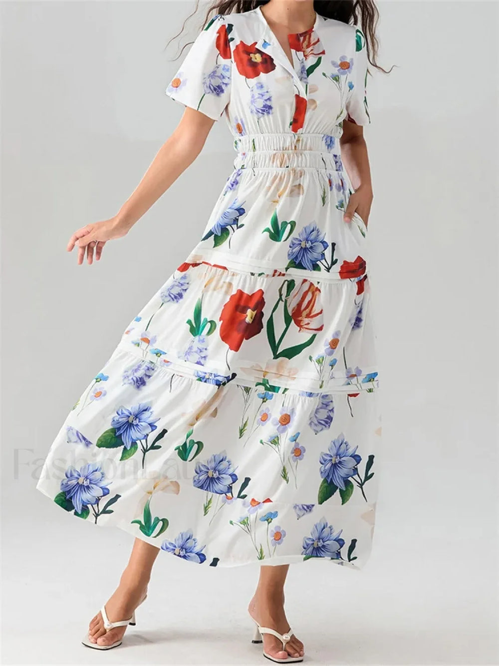 V Neck Flare Sleeve Pocket Maxi Dress white / S