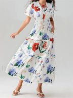 V Neck Flare Sleeve Pocket Maxi Dress white / S