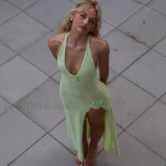 V Neck Floral Knit Dress Backless High Waist Split Floral Dress