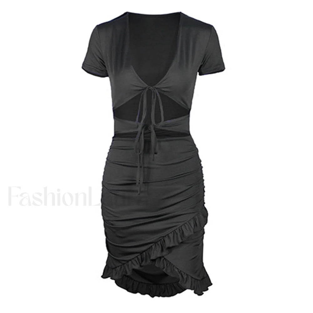 V Neck Floss Strap Ruched Bodycon Party Mini Dress Black M / Black Party Dresses L