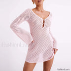 V Neck Hollow Tunic Cover Up Pink / S